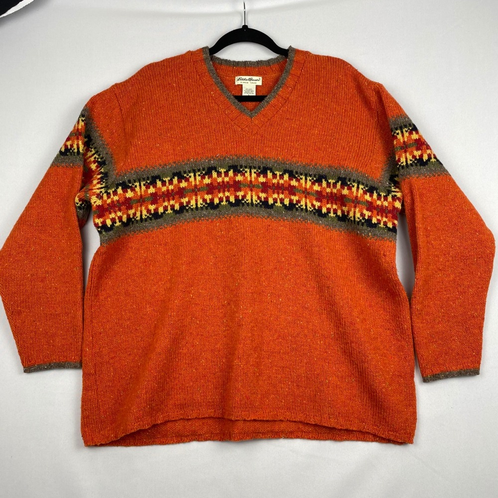 Eddie Bauer Mens V-Neck Wool Blend Fair Isle Sweater Orange Large Vintage Style